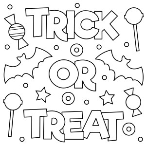 Trick or treat. Coloring page. Black and white vector illustration.