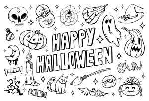 Happy Halloween coloring page with hand drawn spooky objects and pumpkins, cute Halloween coloring sheet vector illustration