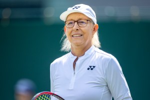 LONDON, ENGLAND - JULY 12. Martina Navratilova of the United States while playing with teammate Mark Woodford of Australia in the Mixed Invitation Doubles-Round Robin match on Court Eighteen during the Wimbledon Lawn Tennis Championships at the All England Lawn Tennis and Croquet Club at Wimbledon on July 12, 2023, in London, England. (Photo by Tim Clayton/Corbis via Getty Images)