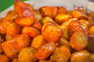 Glazed sweet potatoe pieces at sweet shop bakery in Askusa, Tokyo, Japan