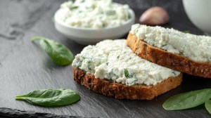 Ricotta cheese spinach sandwich with coffee. healthy breakfast.