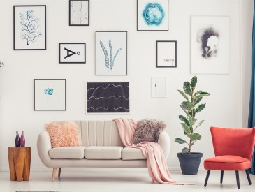 Red chair and blue carpet near couch in colorful living room interior with ficus and posters; Shutterstock ID 1030029529; Purchase Order: N/A