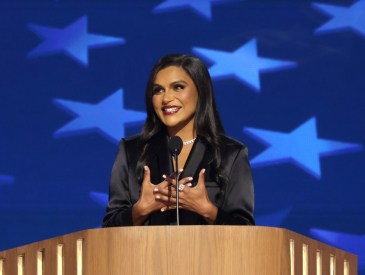 Actress Mindy Kaling speaks on stage during the third day of the Democratic National Convention at the United Center on August 21, 2024 in Chicago, Illinois.