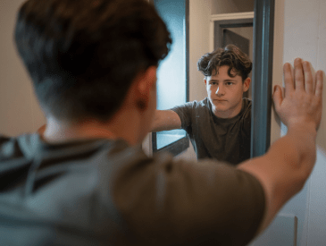 Teen boy looking in teh mirror